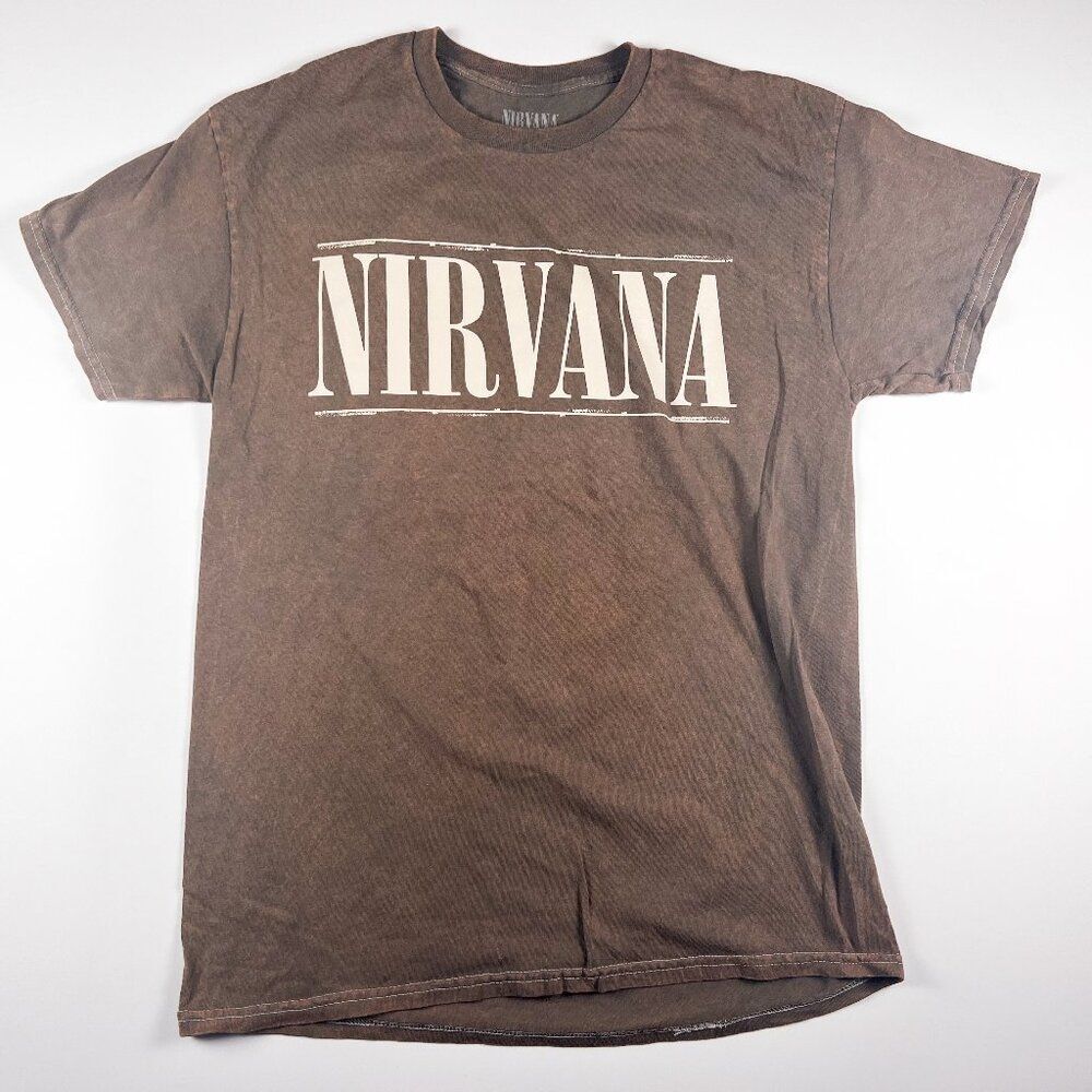 NIRVANA Brown Distressed Smiley Band Concert Cotton Tee Size M Unisex